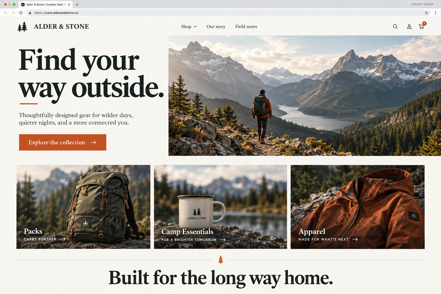 Concept outdoor storefront with a mountain hero, bold editorial typography, and backpack, mug, and apparel product categories